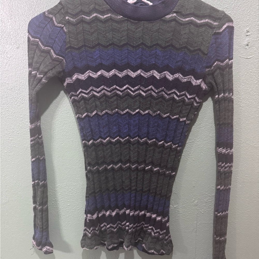 Mango Striped Chevron Ribbed Long-Sleeve Top - Blue & Gray